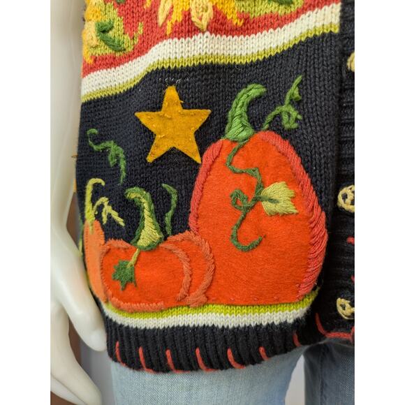 Tiara Vintage Halloween Sweater Vest Large Black Orange Green Pumpkins Cats - Picture 7 of 13